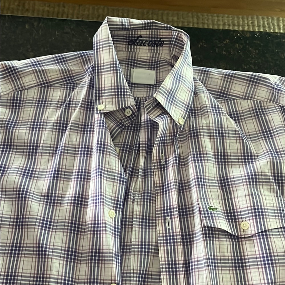 Lacoste size 40 White Casual Button Down Shirt with light purple stripes